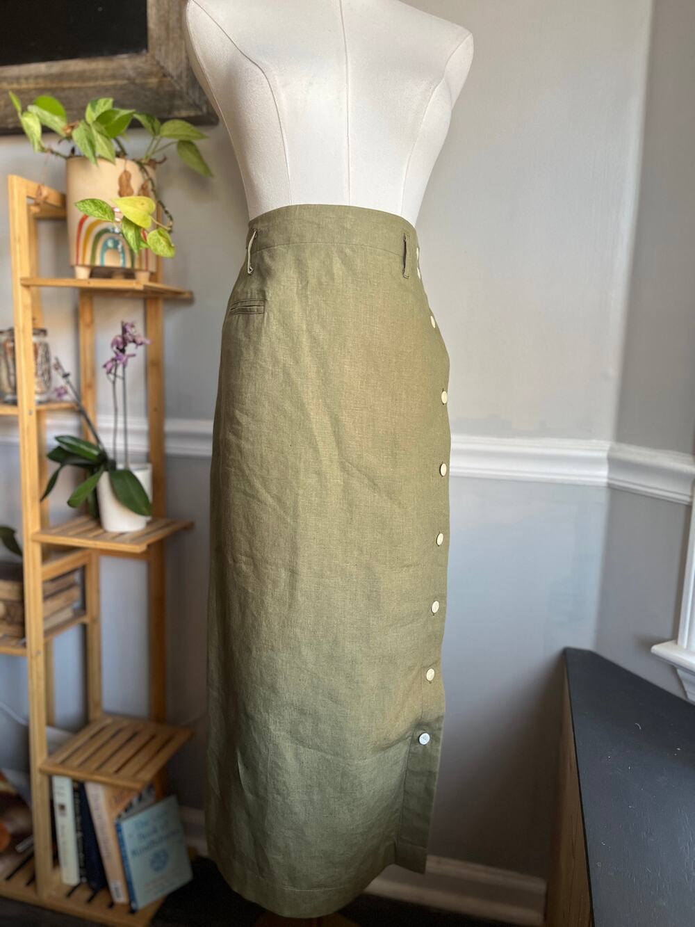 Vintage 90s Olive Green Linen Skirt Button Down Ankle Length Size Medium